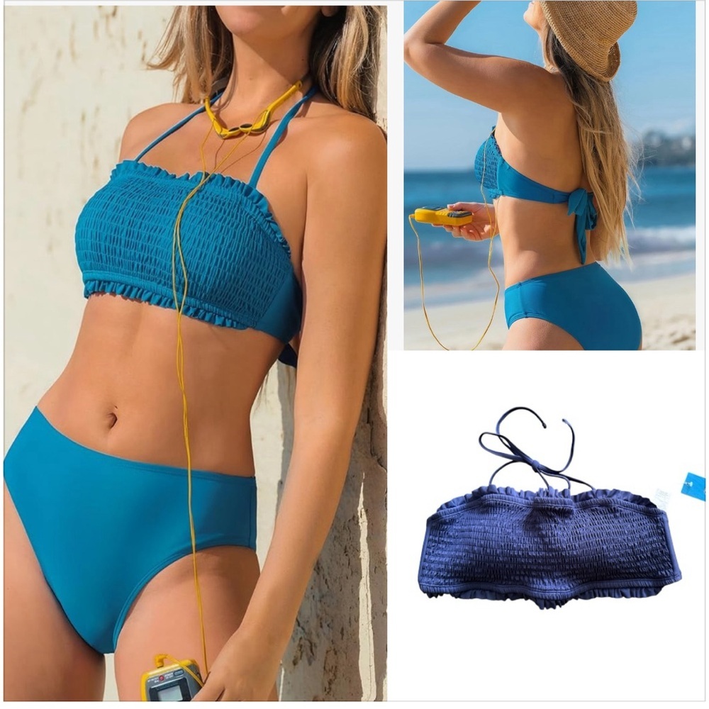 CUPSHE Swim Bandeau Smocked Top Back Tie with Removable Shoulder Straps. Size XL